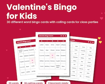 May include: A printable PDF set of Valentine's Bingo for Kids featuring 34 pages, 30 different word bingo cards, and calling cards. The cards have a white grid with red headers and text including words like Rose, Heart, and Cupid.