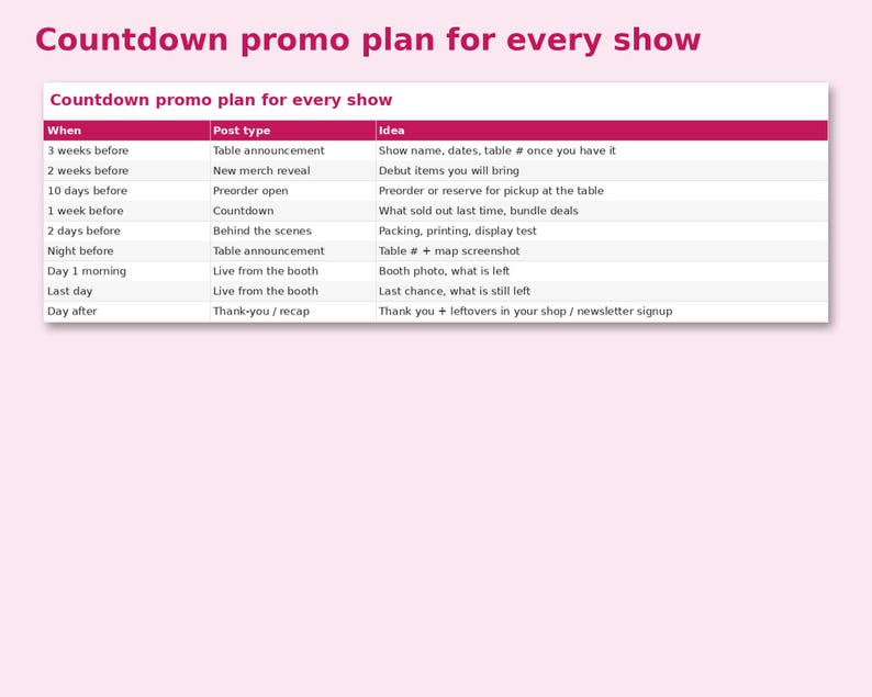 Convention Seller Content Calendar preview: Countdown promo plan for every show