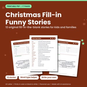 Może przedstawiać: Dokument PDF do druku zatytułowany Christmas Fill-in Funny Stories, zawierający 17 stron z 12 oryginalnymi opowiadaniami z lukami dla dzieci i rodzin, w tym stronę pomocy Word Type Helper oraz format US Letter.