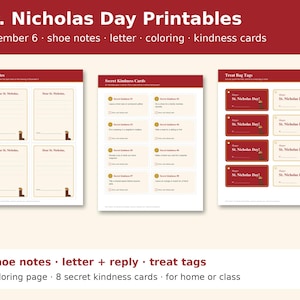 Könnte beinhalten: Ein Set mit St. Nikolaus-Druckvorlagen, bestehend aus Schuhnotizen, geheimen Freundlichkeitskarten und Geschenkanhängern. Die Dokumente haben rote und cremefarbene Kopfzeilen mit Text wie St. Nicholas Day, Shoe Notes und Secret Kindness Cards.