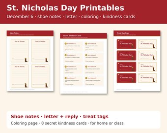 St Nicholas Day Printables for Kids, December 6 Shoe Notes, Letter to St Nicholas, Coloring Page, Kindness Cards, Treat Bag Tags