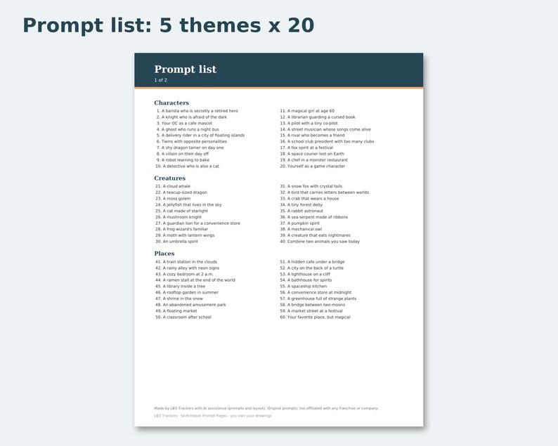 Sketchbook Prompt Pages preview: Prompt list: 5 themes x 20