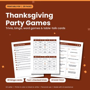 Könnte beinhalten: Ein 28-seitiges, druckbares PDF-Set mit Thanksgiving-Partyspielen, darunter Trivia, Bingo und Gesprächskarten. Die Dokumente bestehen aus weißen Seiten mit braunem Text und Rasterlayouts, die Bingokarten, Trivia-Fragen und Spielkarten zeigen.