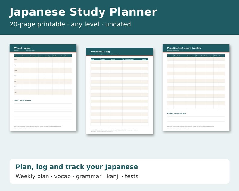 Japanese Study Planner cover showing sample pages