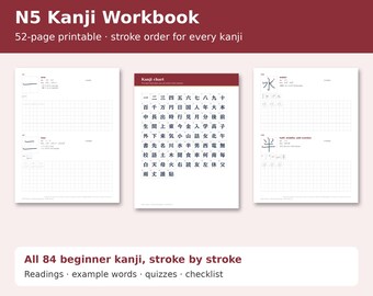 Utskrivbar övningsbok för N5 Kanji, 84 japanska Kanji med penseldragsordning, läsningar, övningsblad, JLPT N5-studier i PDF-format
