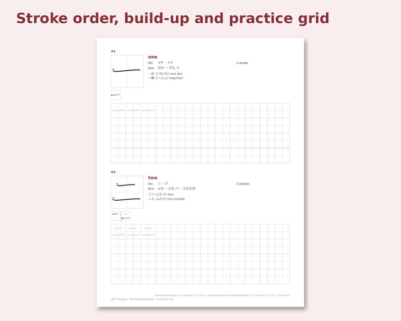N5 Kanji Workbook preview: Stroke order, build-up and practice grid