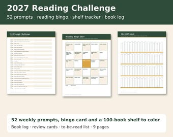 2027 Reading Challenge Printable, 52 Book Prompts, Reading Bingo Card, Bookshelf Reading Tracker, Book Log and Review Pages