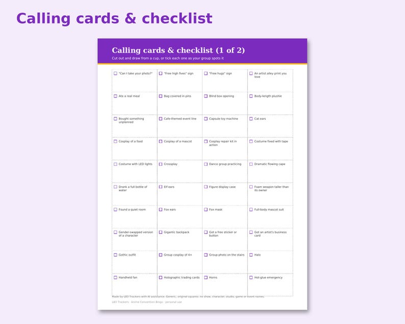 Anime Convention Bingo preview: Calling cards & checklist