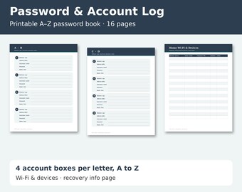 Password Log Printable, A-Z Password Book, Account and Login Organizer, Internet Address Book, Wi-Fi and Device Log, Letter PDF