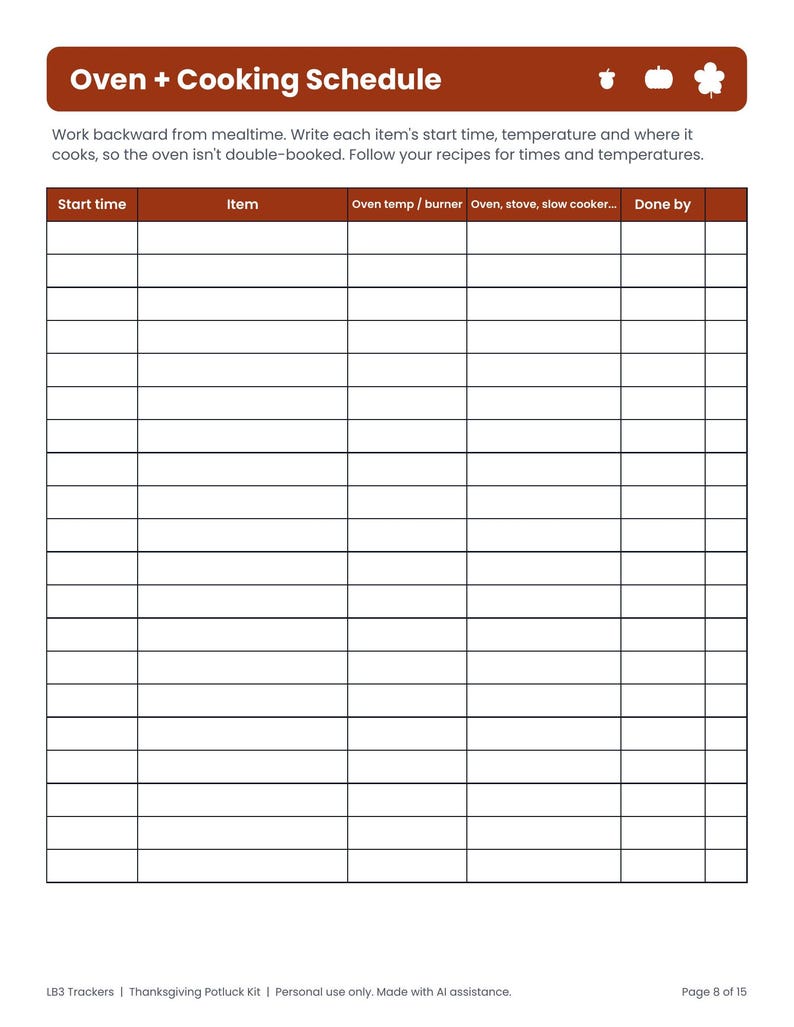 Thanksgiving Potluck Sign Up Sheet Printable - actual page 8 preview