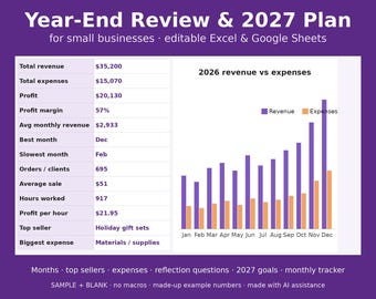 Year End Review Spreadsheet for Small Business, 2027 Business Plan, Annual Review, Goal Tracker, Excel Google Sheets Template