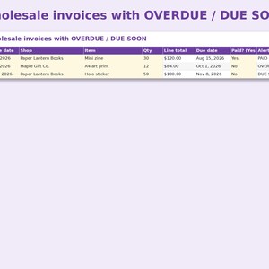 Consignment & Wholesale Tracker preview: Wholesale invoices with OVERDUE / DUE SOON