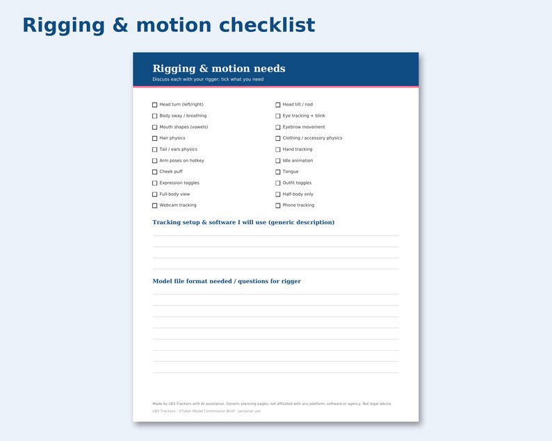 VTuber Model Commission Brief preview: Rigging & motion checklist