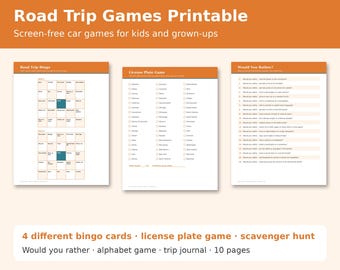 Road Trip Games Printable, Car Bingo for Kids, License Plate Game, Travel Scavenger Hunt, Would You Rather, Screen Free Activity PDF