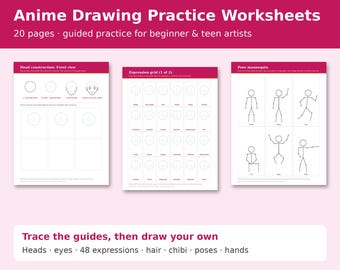Anime Drawing Practice Worksheets Printable, How to Draw Anime Faces, Manga Drawing Workbook, Expression Sheet, Chibi, Art Practice PDF