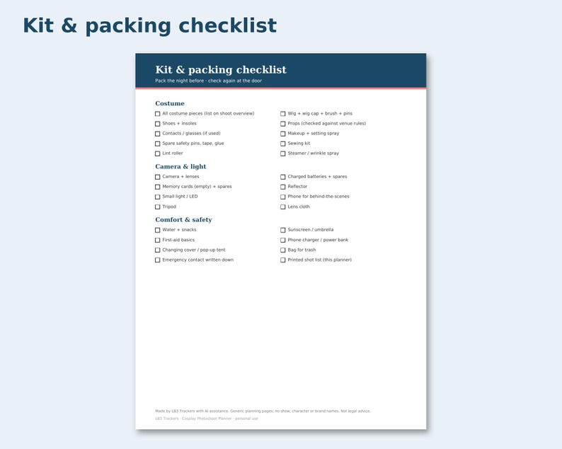 Cosplay Photoshoot Planner preview: Kit & packing checklist