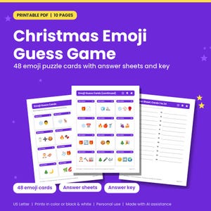 Könnte beinhalten: Ein druckbares PDF-Weihnachts-Emoji-Ratespiel mit 48 Emoji-Puzzlekarten, Antwortbögen und einem Lösungsschlüssel. Die Seiten zeigen Raster mit weihnachtlichen Emoji-Kombinationen auf weißem Papier mit violetten Kopfzeilen.