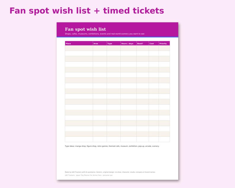 Japan Trip Planner for Anime Fans preview: Fan spot wish list + timed tickets