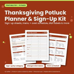 Cover of the Thanksgiving Potluck Planner and Sign-Up Kit printable showing the host planner, sign-up sheet and dish label pages on a rust-orange background with leaves