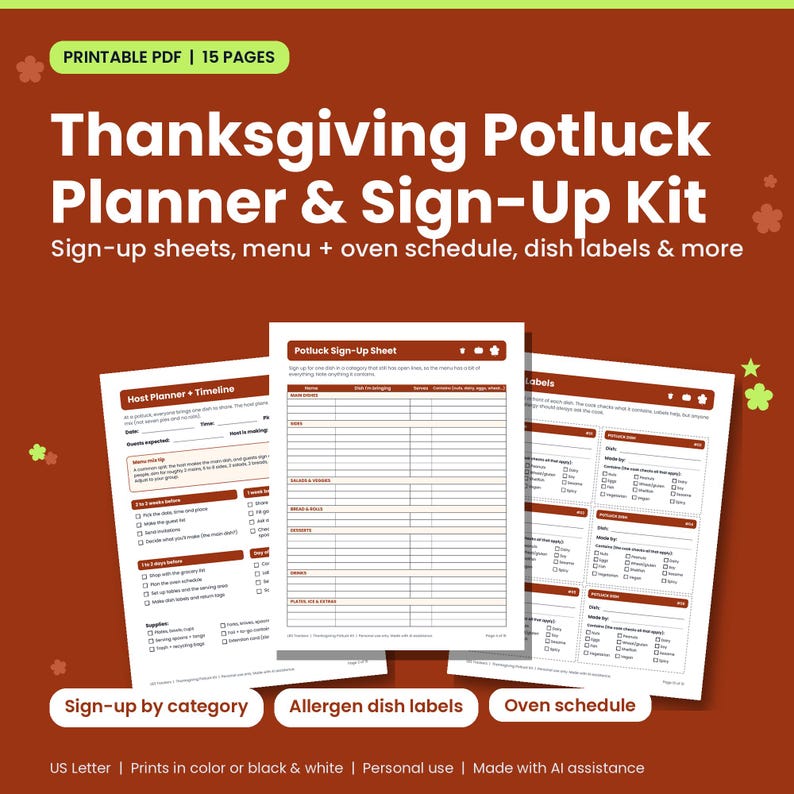 Cover of the Thanksgiving Potluck Planner and Sign-Up Kit printable showing the host planner, sign-up sheet and dish label pages on a rust-orange background with leaves