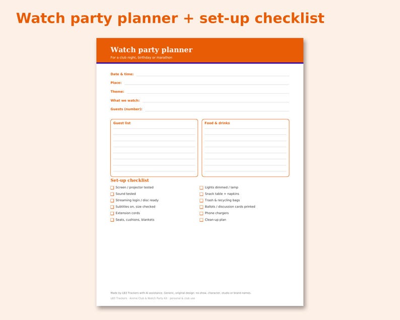 Anime Club & Watch Party Kit preview: Watch party planner + set-up checklist