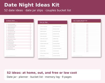 Date Night Ideas Printable, 52 Date Ideas, Date Night Jar Slips, Couples Bucket List, Date Planner, Anniversary Gift for Couples PDF