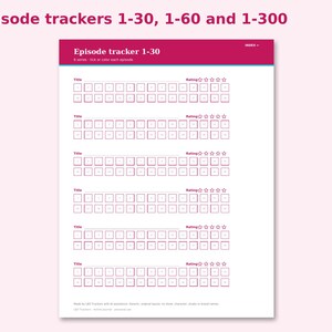 Printable Anime Journal preview: Episode trackers 1-30, 1-60 and 1-300