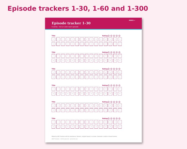 Printable Anime Journal preview: Episode trackers 1-30, 1-60 and 1-300
