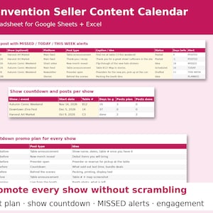 Hoja de cálculo para el calendario de contenido de redes sociales para vendedores de Artist Alley y convenciones, planificador de publicaciones, marketing para vendedores, Google Sheets Excel