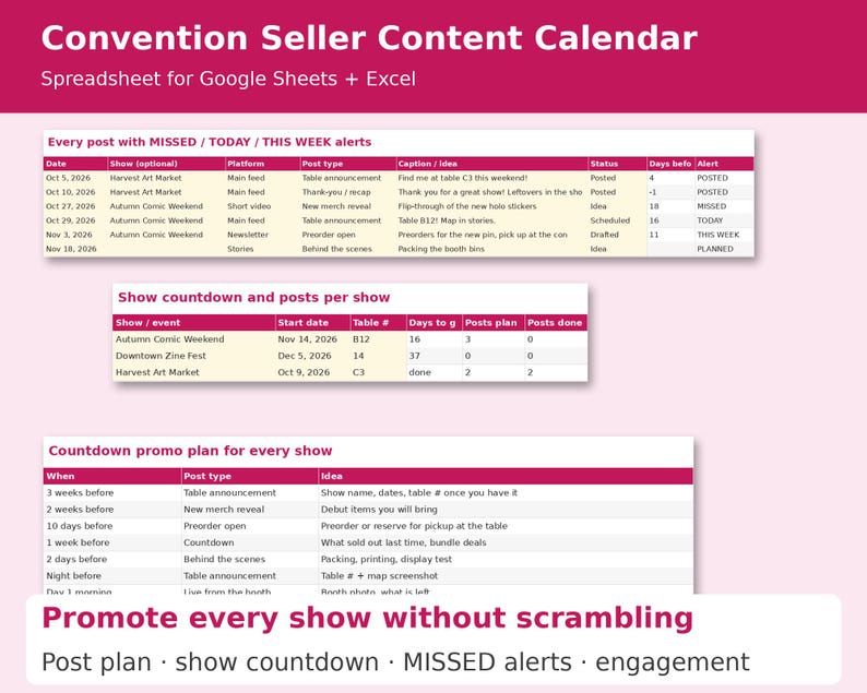 Convention Seller Content Calendar cover showing sample pages