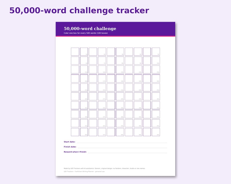 Fanfiction Writing Planner preview: 50,000-word challenge tracker