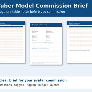 VTuber Model Commission Brief Printable, Avatar Commission Planner, Expressions List, Rigging Checklist, Budget, Vtuber Debut PDF