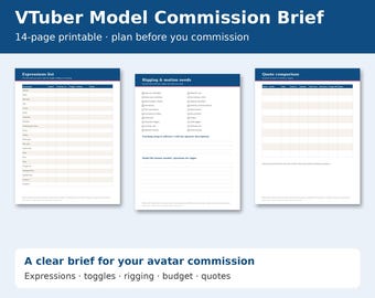 VTuber Model Commission Brief Printable, Avatar Commission Planner, Expressions List, Rigging Checklist, Budget, Vtuber Debut PDF