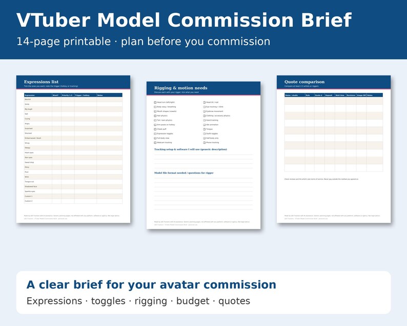 VTuber Model Commission Brief cover showing sample pages