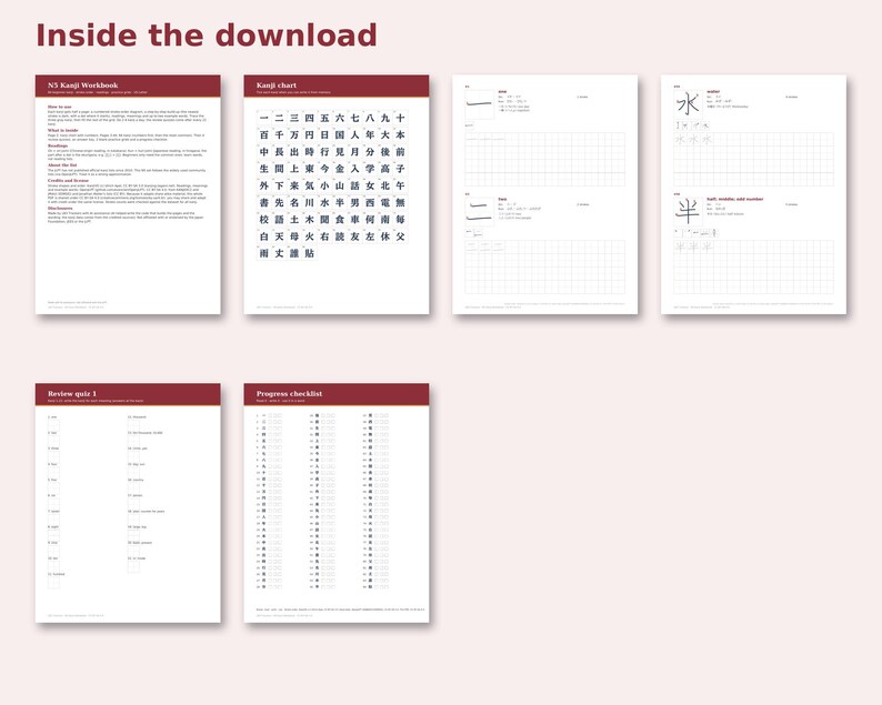 Inside the N5 Kanji Workbook: sample pages