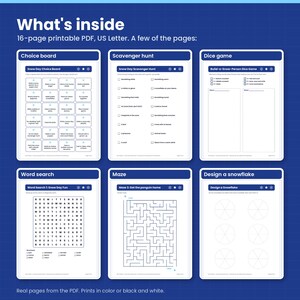 Six real pages from the PDF: the choice board, scavenger hunt, dice game, a word search, a maze and the design-a-snowflake page
