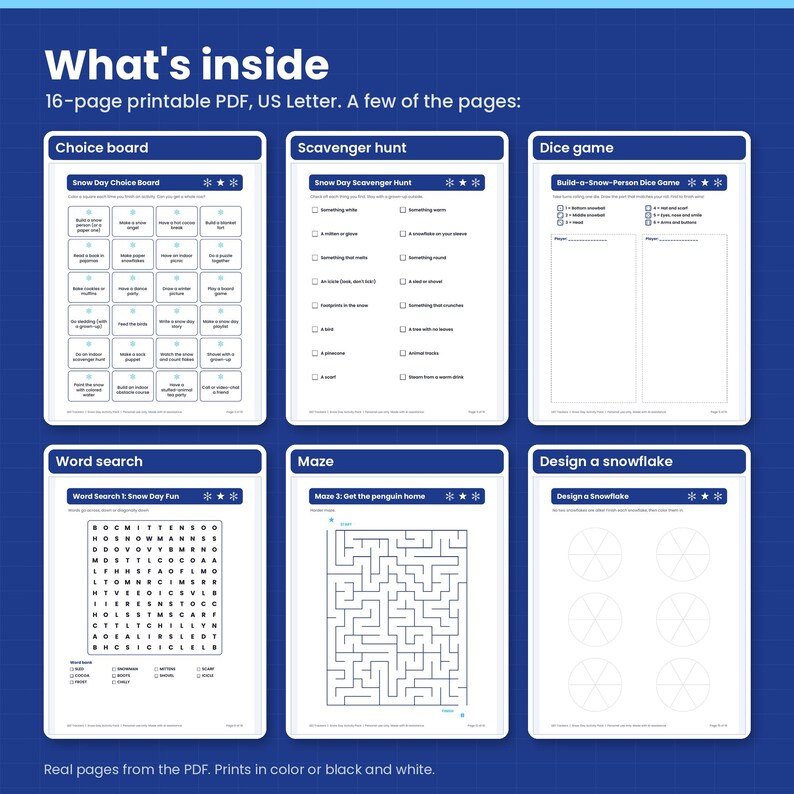 Six real pages from the PDF: the choice board, scavenger hunt, dice game, a word search, a maze and the design-a-snowflake page