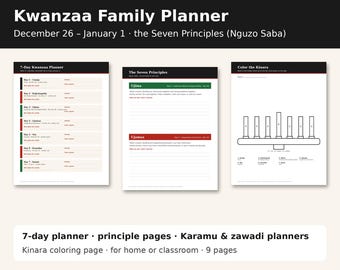 Kwanzaa Printable Family Planner, Seven Principles Nguzo Saba Pages, Kinara Coloring Page, Karamu Feast Planner, Kwanzaa Kids Activity