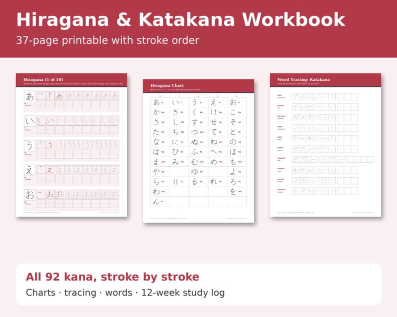 Hiragana & Katakana Workbook cover showing sample pages