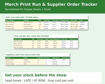 Print Order Tracker Spreadsheet, Supplier and Production Log for Stickers and Enamel Pins, Artist Alley Vendor, Cost per Unit, Google Sheets