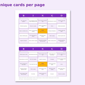 Anime Convention Bingo preview: 2 unique cards per page