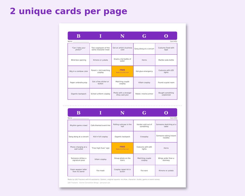 Anime Convention Bingo preview: 2 unique cards per page