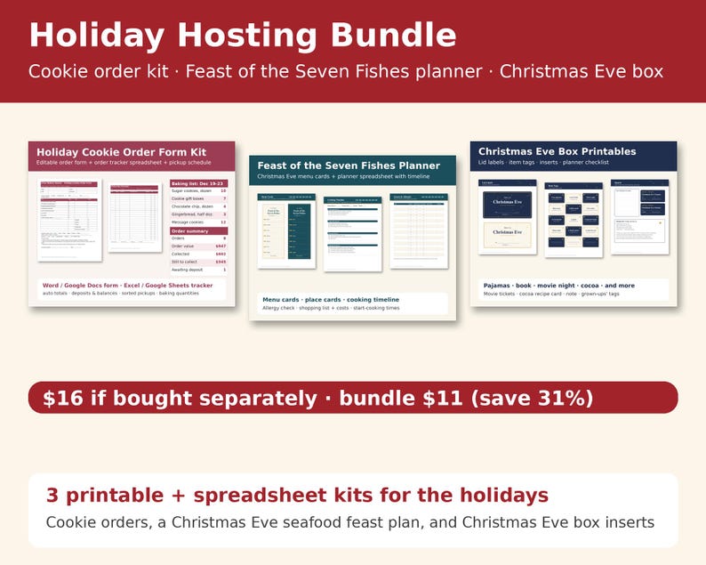 Holiday hosting bundle: cookie order kit, Seven Fishes planner and Christmas Eve box printables, save 31 percent