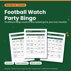 Może przedstawiać: Zestaw kart do gry w bingo na imprezę z futbolem w formacie PDF do druku, zawierający 30 unikalnych arkuszy i listę kontrolną. Białe karty mają zielone nagłówki i siatki z tekstami dotyczącymi wydarzeń podczas meczu futbolowego.