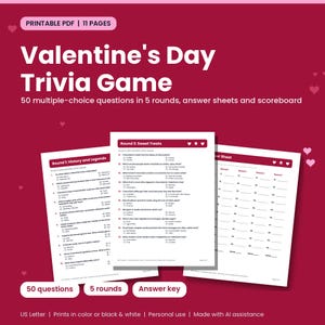 Könnte beinhalten: Ein druckbares Valentinstag-Quiz als PDF mit 11 Seiten, das 50 Multiple-Choice-Fragen in 5 Runden, Antwortbögen und eine Punktetabelle enthält. Das Dokument umfasst Abschnitte wie Round 1: History and Legends und Round 3: Sweet Treats.