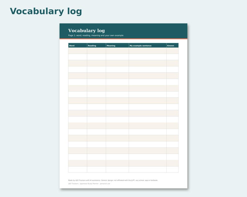 Japanese Study Planner preview: Vocabulary log