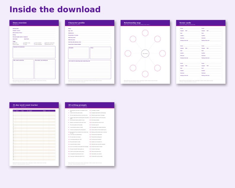 Inside the Fanfiction Writing Planner: sample pages