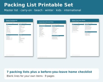 Packing List Printable, Travel Checklist Set, Vacation Packing List, Carry On, Beach, Winter, Kids and International Trip Checklists