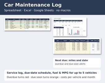 Car Maintenance Log Spreadsheet, Vehicle Service Tracker, Oil Change and Mileage Log, MPG Fuel Log, Excel and Google Sheets Template