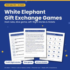 Könnte beinhalten: Ein druckbares PDF-Set mit White Elephant Geschenktauschspielen auf 10 Seiten. Die Dokumente enthalten ein Würfelspiel mit Regeln, eine Left-Right-Geschichte mit dem Titel The Great Gift Mix-Up und 20 nummerierte Tickets auf blauem Grund.
